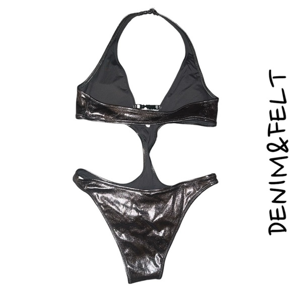 SKIMS METALLIC SWIM HALTER MONOKINI |STYLE: OP-CKY-2807 | COLOR:CARBON | NEW/NET - Picture 3 of 11